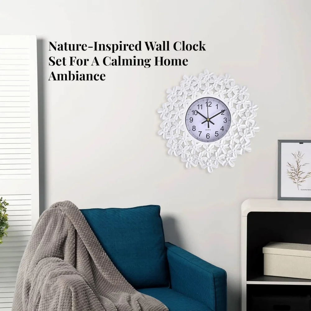 White Embossed Floral Design Clock Battery Operated - NWOB